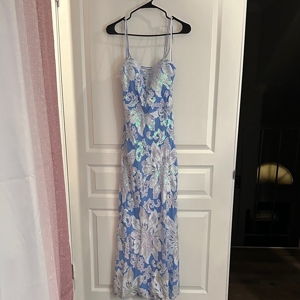 B Darlin Blue and Silver Maxi Dress